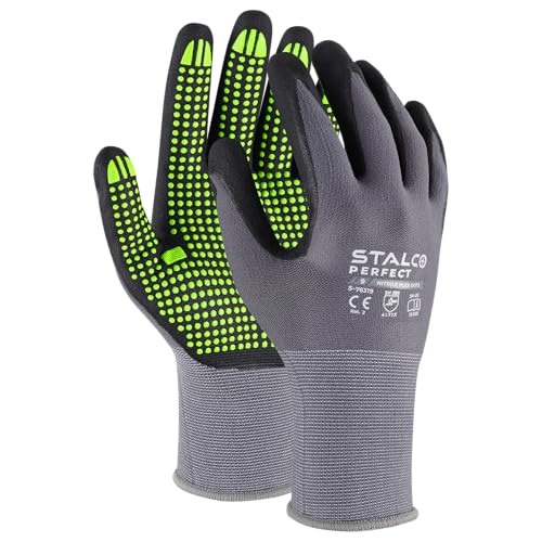 Stalco Arbeitshandschuhe mit Noppen Anti-Rutsch Griff | Nitrilhandschuhe für einen sicheren Griff | Für Damen und Herren | Größe 8|9|10 | Grau | 3 Paar (Größe 10 (3 Paar)) von Stalco