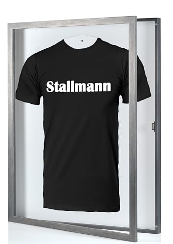 Stallmann Design Trikotrahmen 'Easy Click & Fill' mit Tür | Rahmen-Farbe: Stahl | Hintergrund: Weiß | Größe: 70 x 90 cm | hochwertige und leicht zu befüllende Vitrine für Trikots von Stallmann Design