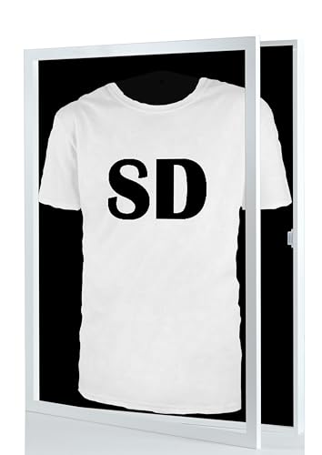 Stallmann Design Trikotrahmen 'Easy Click & Fill' mit Tür | Rahmen-Farbe: Weiß | Hintergrund: Schwarz | Größe: 70 x 90 cm | hochwertige und leicht zu befüllende Vitrine für Trikots von Stallmann Design