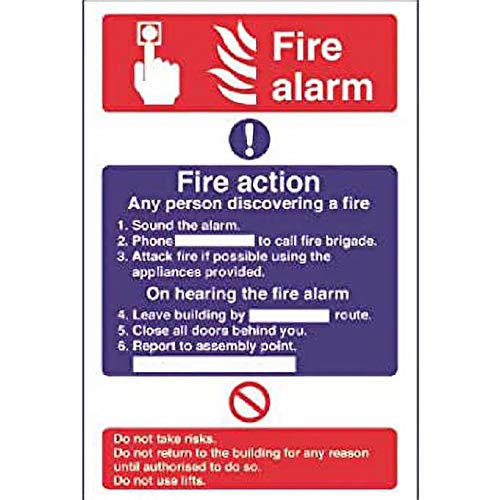 Selbstklebender Aufkleber „Fire Alarm/Fire Action“, Gesundheits- und Sicherheitsschilder, 300 x 200 mm von Stalwart