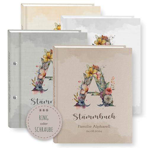 Stammbuch der Familie personalisiert Alpharell Weiß Braun Beige Grau A5 A4 Familienstammbuch Wappen Familienwappen Familienlogo Blumen Stammbücher Handarbeit von Stammbuchshop