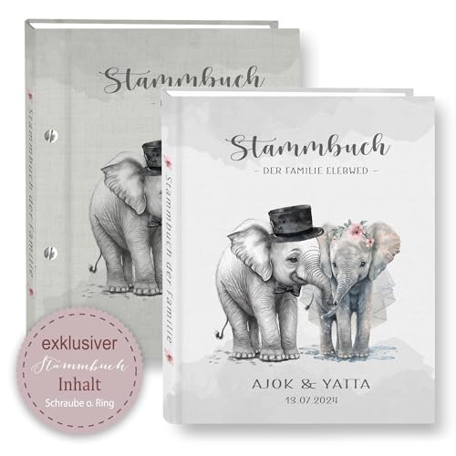 Stammbuch der Familie personalisiert Eleb Wed Weiß Grau A5 A4 Familienstammbuch Elefanten Afrika Stammbücher Elephant Handarbeit Stammbaum von Stammbuchshop