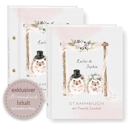 Stammbuch der Familie personalisiert Funny Landac A5 A4 Familienstammbuch Igel Brautpaar Stammbücher Weiß Rosa Handarbeit von Stammbuchshop