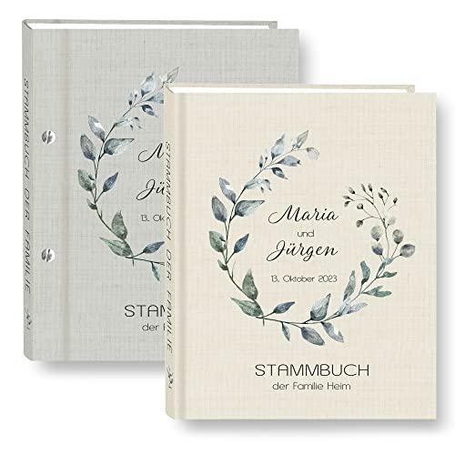 Stammbuch der Familie personalisiert Greenery grau o. beige A4 ca. 24 x 31 cm Familienstammbuch Blüten Ranke grün Stammbücher Handarbeit von Stammbuchshop