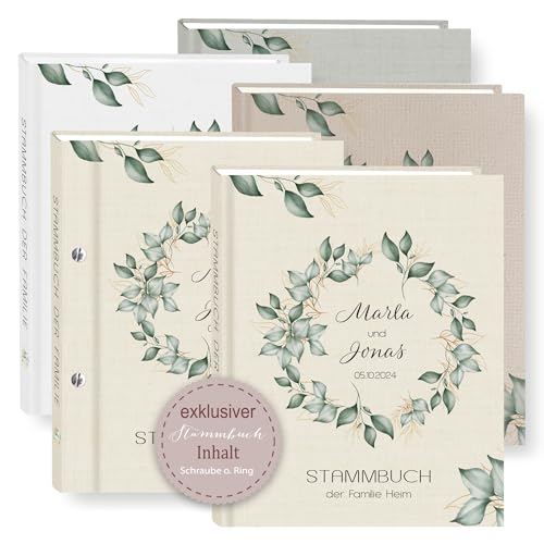 Stammbuch der Familie personalisiert Harmonie Weiß Braun Beige Grau A5 A4 Familienstammbuch Blüten Ranke grün Stammbücher Handarbeit von Stammbuchshop