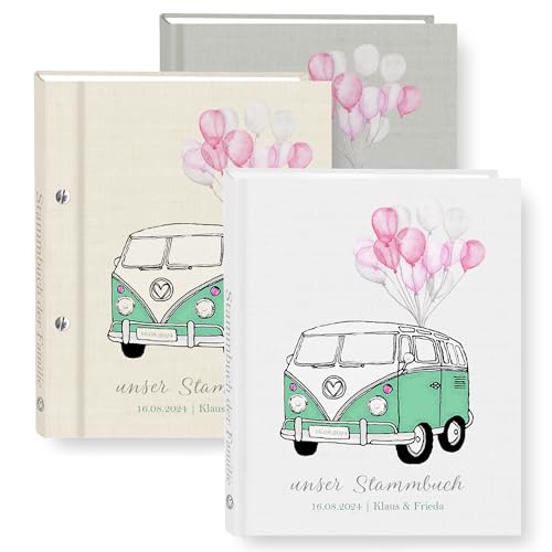 Stammbuch der Familie personalisiert Oldtimerbus Weiß Beige Grau A5 A4 Familienstammbuch Oldtimer Bus Retro Stammbücher Handarbeit von Stammbuchshop
