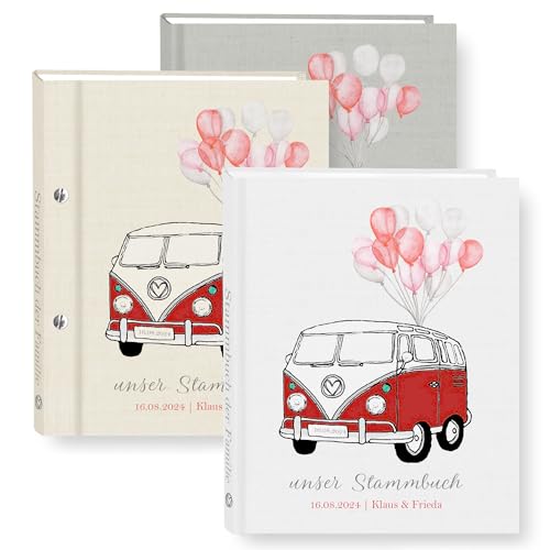 Stammbuch der Familie personalisiert Oldtimerbus Weiß Beige Grau A5 A4 Familienstammbuch Oldtimer Bus rot Retro Stammbücher Handarbeit von Stammbuchshop
