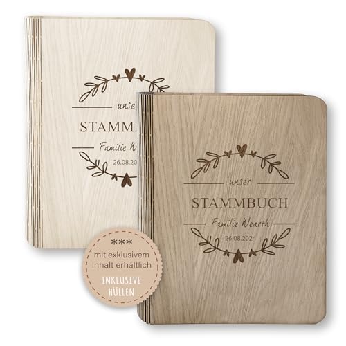 Stammbücher Holz Stammbuch der Familie personalisiert Wreath Logo Holzbuch A5 A4 Familienstammbuch Familienlogo beige braun Handarbeit von Stammbuchshop