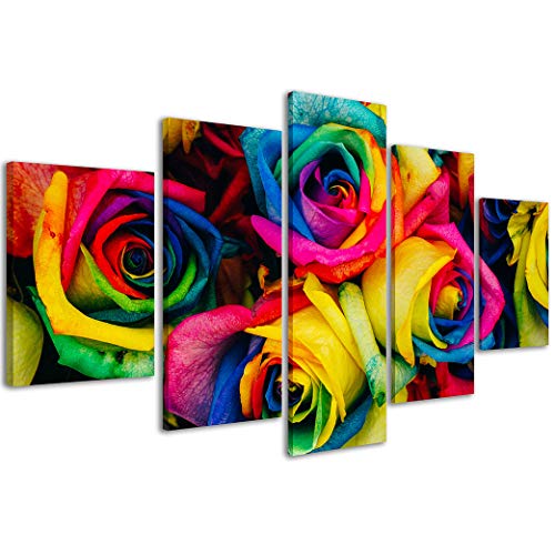 Bild auf Leinwand Blumen 078 moderne Rosen bunt in 5 Paneelen, fertig zum Aufhängen, 200 x 90 cm von Stampe su Tela