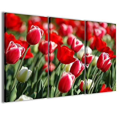 Druck auf Leinwand Blumen, Field of Tulips Moderne Bilder in 3 Paneelen, fertig zum Aufhängen, 120 x 90 cm von Stampe su Tela