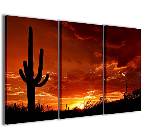 Kunstdruck auf Leinwand, Landhausstil, Cactus at Sunset Quadri Modern, Sonnenuntergang in 3 Paneelen, fertig zum Aufhängen, 120 x 90 cm von Stampe su Tela