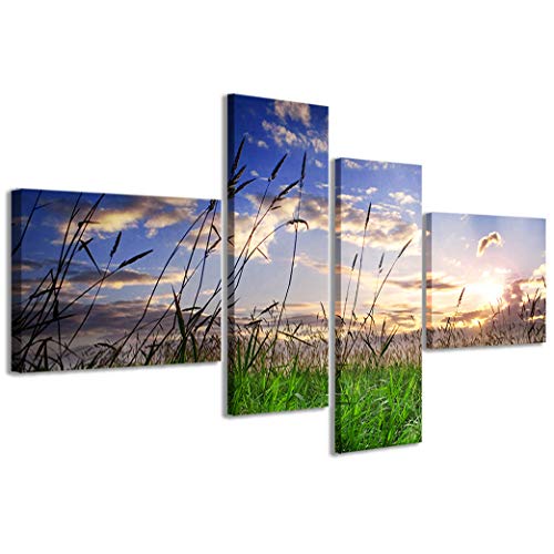 Kunstdrucke auf Leinwand, Sonnenuntergang auf grünem Rasen, moderne Bilder in 4 Paneelen, fertig gerahmt auf Leinwand, fertig zum Aufhängen, 160 x 70 cm von Stampe su Tela