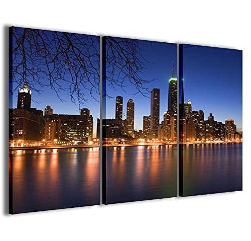 Stampe su Tela Bild Chicago by Night Moderne Leinwand aus 3 Paneelen, fertig gerahmt, Canvas, fertig zum Aufhängen, 90 x 60 cm von Stampe su Tela
