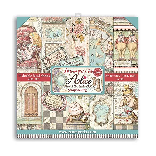 Stamperia International SBBL93 Pad-Double Face Through The Looking Glass Scrapbooking-Block, doppelseitig, Motiv Alice durch das aussehende Glas, verschieden, 12 x 12 inches von Stamperia