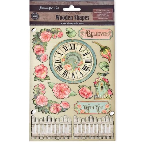 Stamperia - Coloured Wooden Shapes for Scrapbooking, Albums, Card Making, and Bullet Journals, Laser Cut, Printed for Enhanced Detail, Perfect for Hobbies, Crafts and Gifting (House of Roses) (A5) von Stamperia