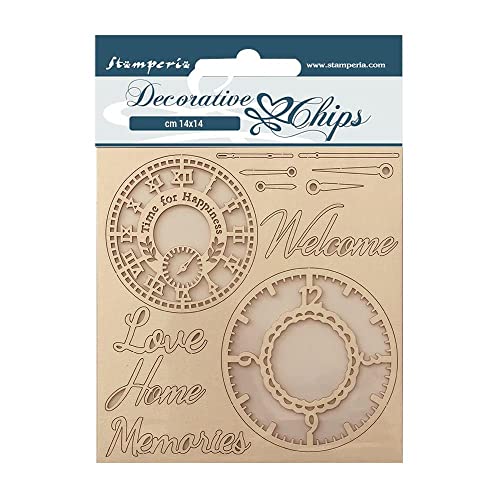 Stamperia SCB159 Dekorative Chips – Create Happiness – Welcome Home – Uhren, Natur, 14 x 14 cm von Stamperia