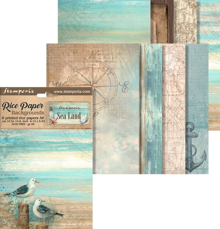 Stamperia Seidenpapier Motiv-Strohseide Backgrounds Sea Land, DIN A6, 8er-Set von Stamperia