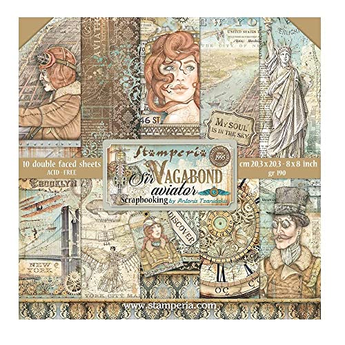 Stamperia Small Pad 10 Sheets CM 20.3x20.3 (8 "X8") - Sir Vagabond Aviator, SBBS61, White, One Size von Stamperia