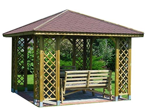 GARTENLAUBE HOLZPAVILLON PAVILLON MIT HOLZDACH 3m x 3m (Außenmaß 3.45m) Pfostenstärke: 7 x 7 cm + Schindeln ! HÖHE QUALITÄT von Stan-Wood