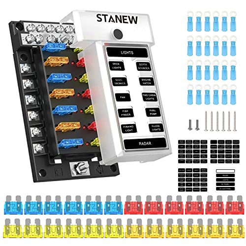 12-Wege-Blade-Sicherungskasten, Flachstecksicherungsblock mit negativem Bus, Standard-Sicherungskastenhalter mit LED-Anzeige für 12V/24V Kfz-Auto Boot Marine Truck Yacht SUV RV von Stanew