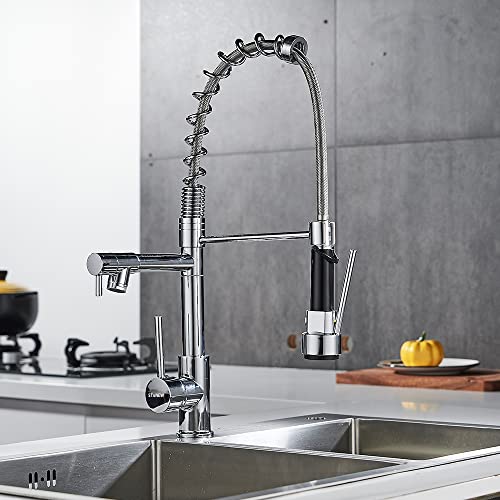 Wasserhahn Küche, Küchenarmatur, mit 2-Düsen, gebürsteter Messingfederhahn 360° drehbar mit Pull Down Mixer Sprühkopf, mit 2-Ausgängen (Jet und Spray) Sprühkopf Hochdruck, verchromtes Messing von Stanew