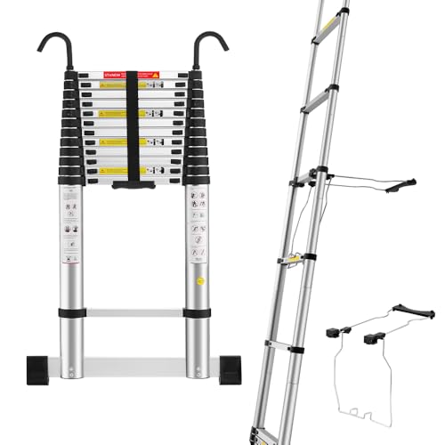 STANEW 5M Teleskopleiter Aluminium mit Leiterstabilisator, Mehrzweckleiter, Unterer Balancierbalken mit und Abnehmbaren Haken, Rutschfester Klappleiter, Ausziehbare Leiter, Multifunktional Ladder von Stanew