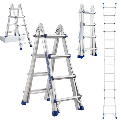 STANEW Aluminium Teleskopleiter Multifunktionsleiter 4 M, Aluleiter Klappleiter Anlegeleiter 4x4 Sprossen, Leiter Anlegeleiter Klappleiter Multifunktionsleiter Größenauswah, Max. Traglast 150kg von Stanew