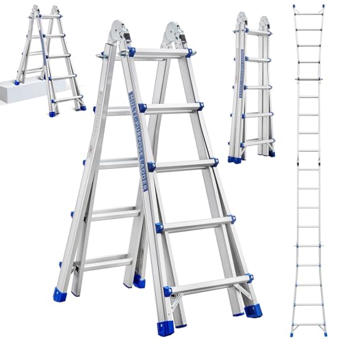STANEW Aluminium Teleskopleiter Multifunktionsleiter 5.1 M, Aluleiter Klappleiter Anlegeleiter 5x5 Sprossen, Leiter Anlegeleiter Klappleiter Multifunktionsleiter Größenauswah, Max. Traglast 150kg von Stanew