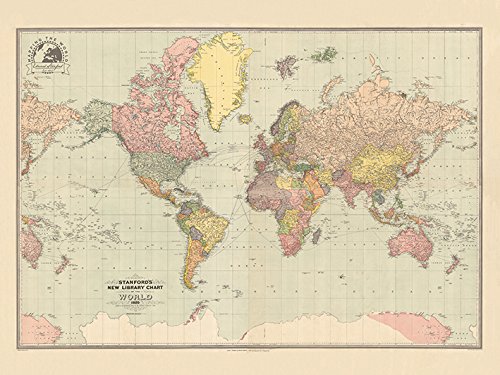Stanfords New Library Chart of The World 1920 Leinwanddruck, Mehrfarbig, 60 x 80 cm von Stanfords