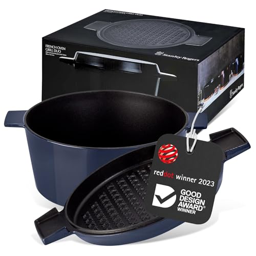 Stanley Rogers Cocotte runder Gusseisen Bräter emailliert 6,5l 28cm blau I Praktische Grillpfanne als Deckel I Geeignet für Induktion und Backofen von Stanley Rogers