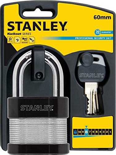 STANLEY Security 24/7 Laminated Vorhangschloss 60mm mit hohem Bügel, 2 Schlüssel,S742-007, Schloss, Bügelschloss von Stanley