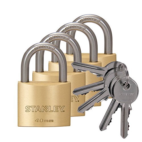 STANLEY Solid Brass Vorhangschloss 40 mm mit Standard-Bügel, 4er Pack, gleichschließend, 5 Schlüssel,S742-038, Schloss, Bügelschloss von Stanley