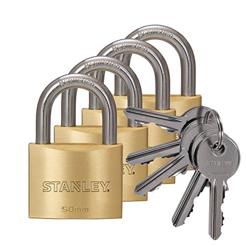 STANLEY Solid Brass Vorhangschloss 50 mm mit Standard-Bügel, 4er Pack, gleichschließend, 5 Schlüssel, S742-039, Schloss, Bügelschloss von Stanley