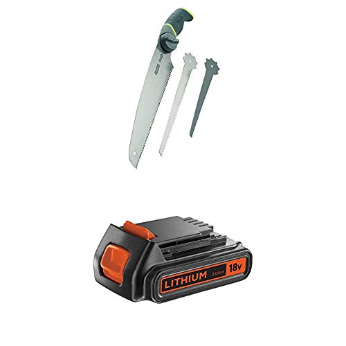 Stanley 3in1 Sägenset (Universalzugsägeblatt, Metallsägeblatt, Kompasssägeblatt, werkzeugloser Wechsel) + Black+Decker Li-Ion Slidepack Akku (18V 2,0Ah, passend für alle Black+Decker 18V-Gartengeräte) von Stanley