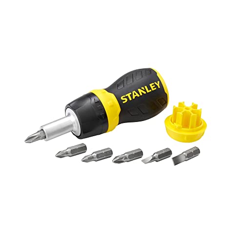 Stanley Bit-Schraubendreher Stubby (mit Ratsche, kurze Ausführung, sechs Bits, PZ1/2;PH1/2;SL4/5/6, magnetische Spitze) 0-66-358 von Stanley