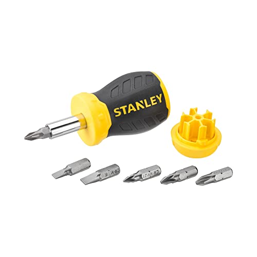 Stanley Bit-Schraubendreher Stubby (ohne Ratsche, kurze Ausführung, sechs Bits, PZ1/2;PH1/2;SL4/5/6, magnetische Spitze) 0-66-357 von Stanley
