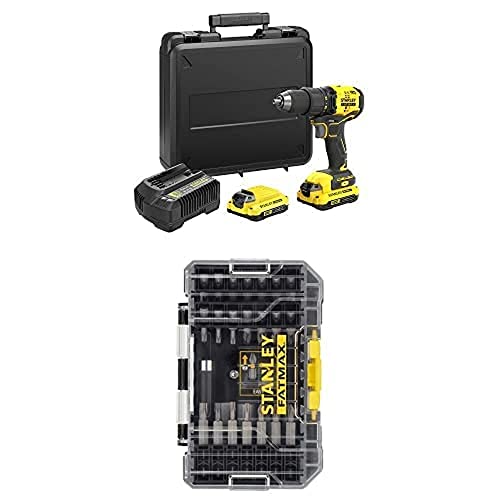 Stanley FatMax 18V 2-Gang Akku-Bohrschrauber SFMCD710D2K (2.0Ah, 60 Nm, bürstenloser Motor mit Vollmetallgetriebe, inkl. 2 Akkus & Ladegerät) + Stanley FatMax 40-tlg. Standard Set STA88560 von Stanley