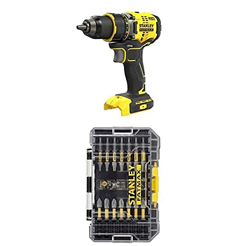 Stanley FatMax 18V 2-Gang Akku-Bohrschrauber SFMCD720B (2.0Ah, 80 Nm, bürstenloser Motor mit Vollmetallgetriebe, Lieferung ohne Akku) + Stanley FatMax 22-tlg. Torsion Schrauberbit-Set STA88558 von Stanley