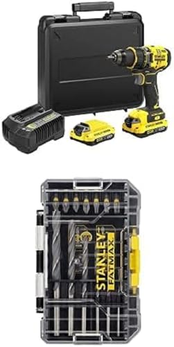 Stanley FatMax 18V 2-Gang Akku-Bohrschrauber SFMCD720D2K (2.0Ah, 80 Nm, bürstenloser Motor mit Vollmetallgetriebe, inkl. 2 Akkus) + Stanley FatMax 19-tlg. Metallbohrer- & Torsion Bit-Set STA88554 von Stanley