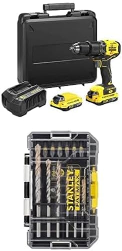 Stanley FatMax 18V 2-Gang Akku-Schlagbohrschrauber SFMCD715D2K (2.0Ah, 60 Nm, bürstenloser Motor mit Planetengetriebe, inkl. 2 Akkus) + Stanley FatMax 19-tlg. Steinbohrer- und Torsion Bit-Set STA88552 von Stanley