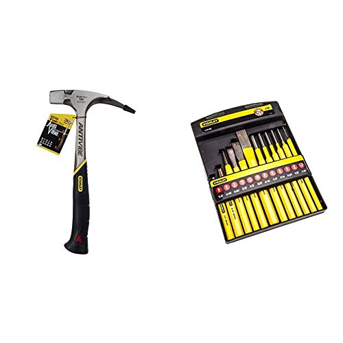 Stanley FatMax Antivibe Latthammer (600 g Kopfgewicht, 340 mm Länge, ergonomischer DynaGrip-Griff) 1-51-937 & Meissel-, Körner- und Durchschläger-Set (12-teilig, Chrom-Vanadium Stahl) 4-18-299 von Stanley