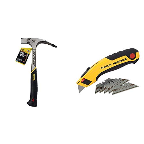 Stanley FatMax Antivibe Latthammer (600 g Kopfgewicht, 340 mm Länge, ergonomischer DynaGrip-Griff, vibrationsgedämpft) 1-51-937 & Messer Fatmax (mit 5 Carbide Klingen,) 1 Stück, 7-10-778 von Stanley