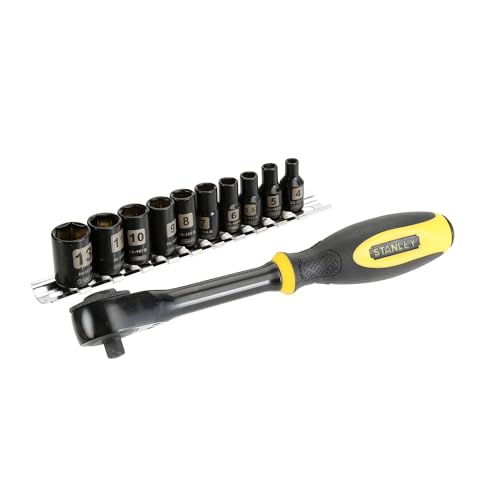 Stanley FatMax Rotator Umschaltknarre 0-94-607 (1/4 Zoll, 11 teilig, 4/5/5.5/6/7/8/9/10/11/13 mm Stecknüsse, Einhandbedienung) von Stanley