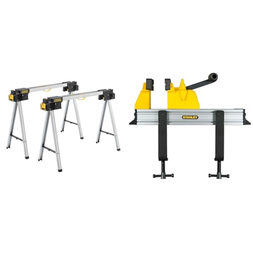 Stanley FatMax Unterstellböcke (aus Metall, mit klappbaren Metallbeinen, bis 900 kg belastbar, mit V-förmiger Nut, für Stanley Einhandzwingen, 2 Stück) FMST1-75763 & Schnelle Schraubstock, 0–83–179 von Stanley