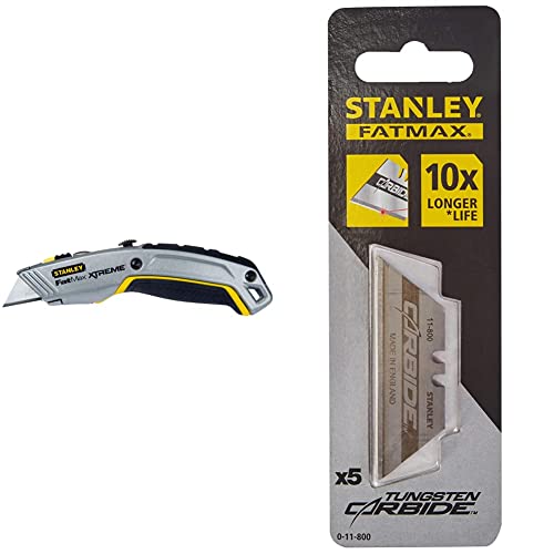 Stanley Fatmax 2 in 1 Messer PRO 0-10-798 (mit einziehbarer Klinge, 180 mm Länge, vielseitige Einsatzmöglichkeiten durch zwei Klingen) & FatMax Carbide Trapezklingen Pro 0-11-800 (5 Stück) von Stanley
