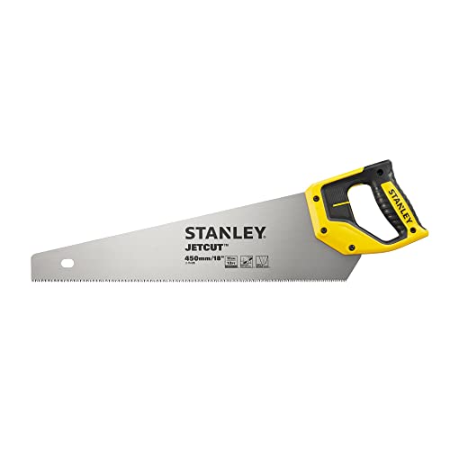 Stanley JetCut feine Handsäge 2-15-595 in 450 mm Länge – Säge für Holz, Kunststoff, Laminat – Mit Griff aus Bi-Material, verbesserter Verzahnung & 45/90° Anschlag für präzises Sägen von Stanley