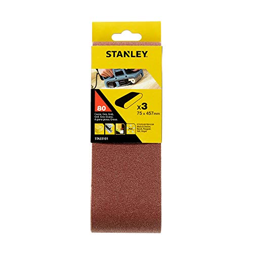 Stanley Schleifband für Bandschleifer (75 x 457 mm, grobe Körnung K80, passend für Black+Decker Bandschleifer KA85, KA85EK, KA86, 3 Stück) STA33101 von Stanley