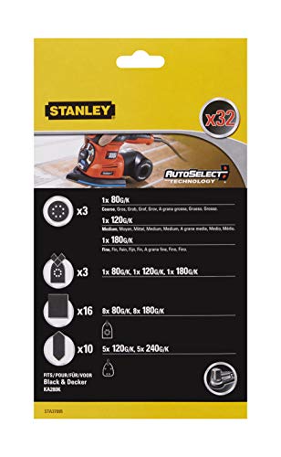 Stanley Schleifpapier-Set für Multischleifer (32-tlg., Exzenter- und Multi-Schleifpaper, Schleifblätter, Fingerschleifaufsatz/Konturenschleifen, passend für KA280K von Black+Decker) STA37095 von Stanley