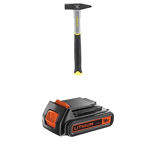 Stanley STHT0-51907 Schlosserhammer Fiberglas 300 g (Länge 295 mm, polierter Kopf) schwarz + Black+Decker Li-Ion Slidepack Akku (18V 2,0Ah, passend für alle Black+Decker 18V-Gartengeräte) BL2018 von Stanley