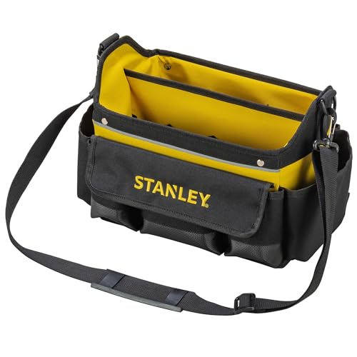 Stanley offene Werkzeugtasche (31 x 20 x 26 cm, acht äußere, zehn innere Taschen, Innenorganizer, 20 kg Ladekapazität, gummierter Handgriff, wasserabweisender Polypropylenboden) STST1-70718, Schwarz/Gelb von Stanley